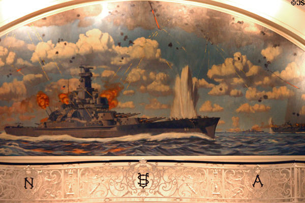 Mural of Battleship 57 in combat in Naval Academy Memorial Hall. Annapolis, MD.