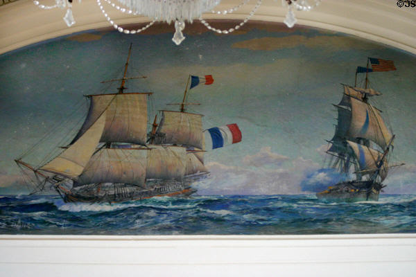 Mural of French & American ships during Revolutionary War in Naval Academy Memorial Hall. Annapolis, MD.