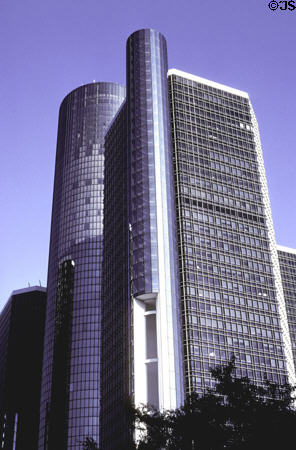 Renaissance Center Towers with small round sections for elevators. Detroit, MI.