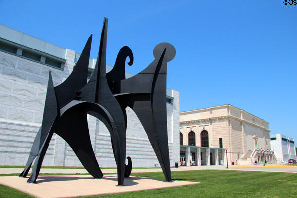 Young Woman and Her Suitors sculpture by Alexander Calder before Detroit Institute of Arts old & new wings. Detroit, MI.