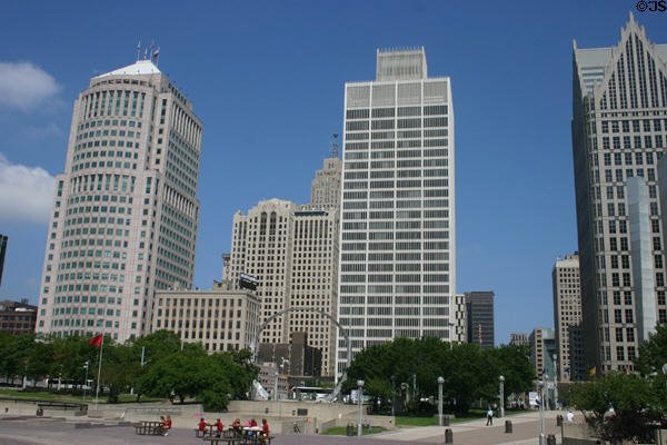 Buhl Building (1925) (29 floors) with Romanesque arches peeks out between taller 150 West Jefferson & One Woodward Ave. Buildings over Hart Plaza. MI. Architect: Smith, Hinchman & Grylls.