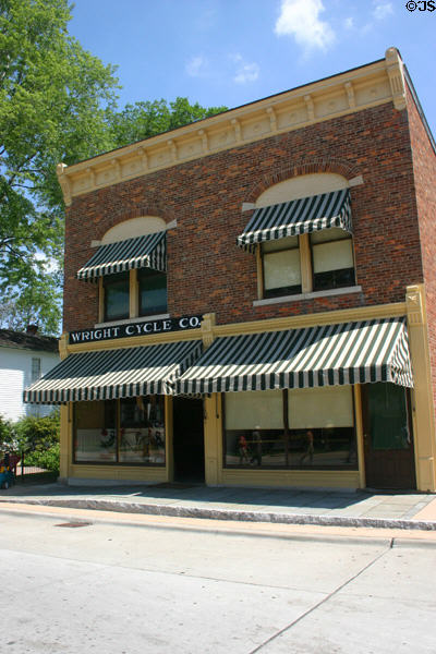 Wright Cycle Shop (1875) where Wright brothers earned money to support airplane invention, moved from Dayton, OH to Greenfield Village. Dearborn, MI.