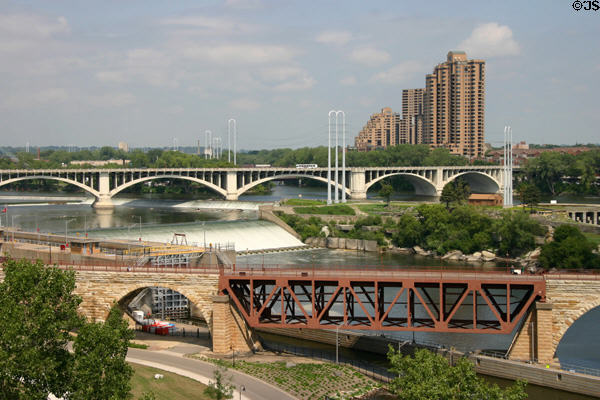 Stone Arch Bridge & Third Avenue Bridge across Mississippi River at Falls of St. Anthony. Minneapolis, MN.