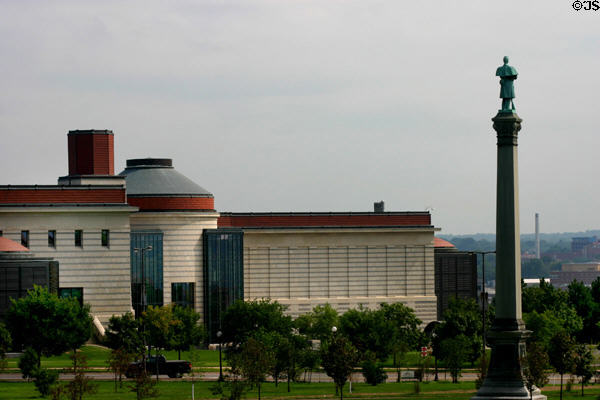 Minnesota History Center view with Civil War Monument. St. Paul, MN.