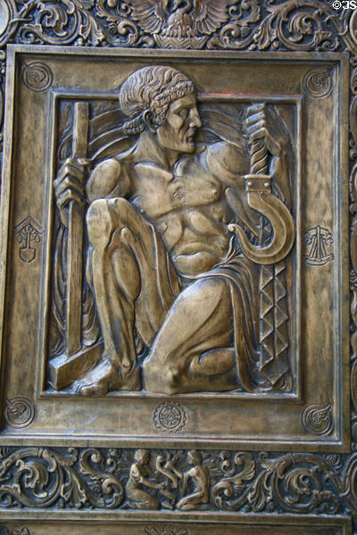 Classical industrial figure on bronze doors of Mayo Clinic Plummer Building. Rochester, MN.