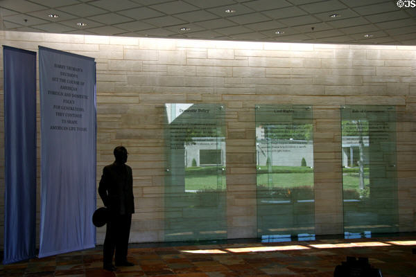 Gallery summarizing legacy of Truman which along with statue of Truman looks out over the Truman Museum courtyard. Independence, MO.