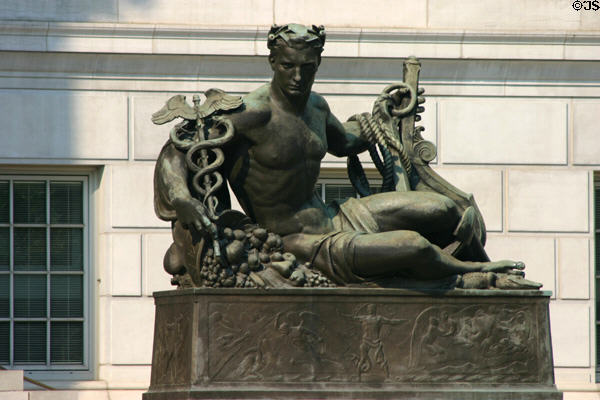 Great Rivers: Mississippi River sculpture by Robert Aitken shows man with symbols of medicine, agriculture & commerce at Missouri State Capitol. Jefferson City, MO.