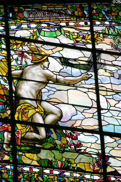 Progress panel with Mercury launching a biplane on Missouri values stained glass window at Missouri State Capitol. Jefferson City, MO.