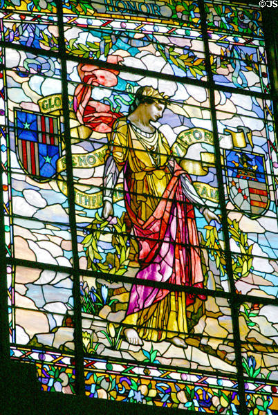 Honor panel with laurel leaf crowns for glory, victory & fame on Missouri values stained glass window at Missouri State Capitol. Jefferson City, MO.