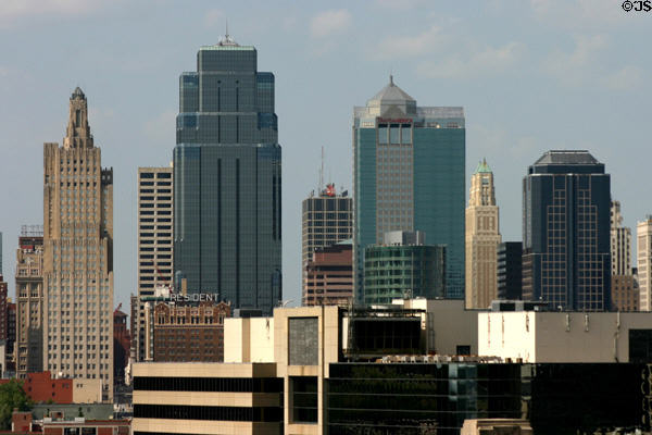 Skyline of Kansas City with Kansas City Power & Light Building, One Kansas City Place, Town Pavilion, & 1201 Walnut. Kansas City, MO.