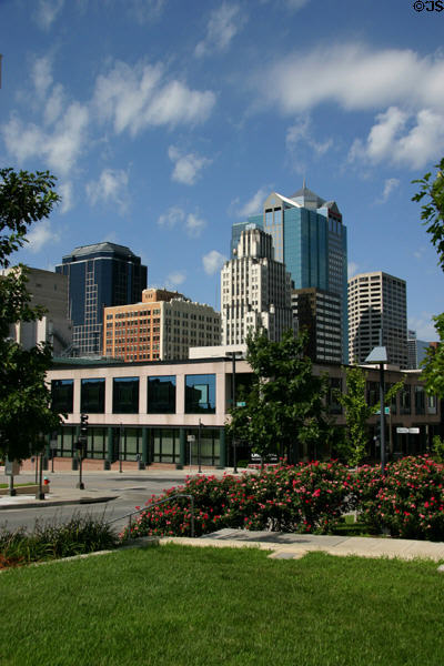Kansas City skyline from City Hall mall area. Kansas City, MO.