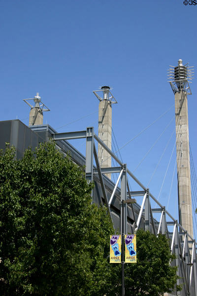 "Sky Stations" sculptures by R.M. Fisher atop supporting pylons of Bartle Hall Convention Center. Kansas City, MO.