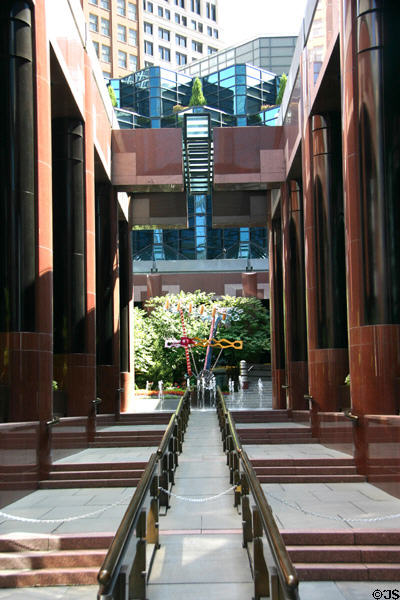 Courtyard of UMB Bank (Walnut at 11th Sts.) with Harvester KC sculpture (1988) by Nancy Graves. Kansas City, MO.