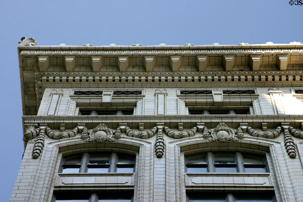 Terra Cotta details of upper floors of Heritage commercial building Main St. at 11th St. Kansas City, MO.