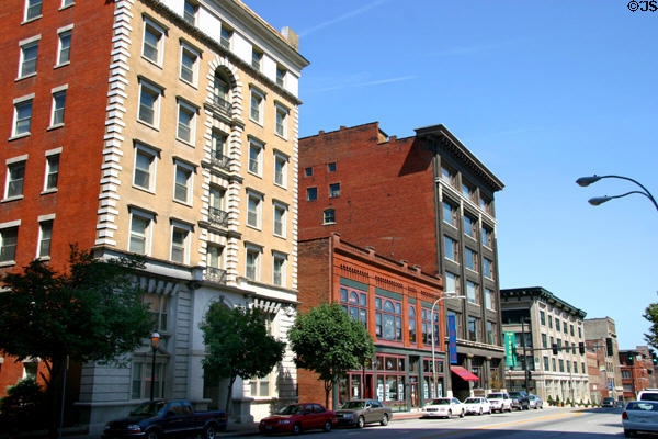 Quality Hill streetscape of heritage commercial buildings along Broadway 1000 block. Kansas City, MO.