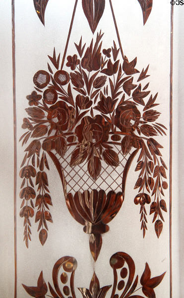 Etched & cut glass window of front door at Vaile Mansion. Independence, MO.