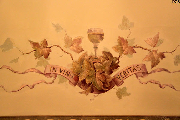 Dining room ceiling mural with In Vino Veritas at Vaile Mansion. Independence, MO.