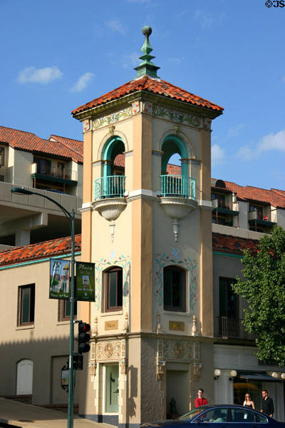 Decorated tower on shop at Country Club Plaza shopping area. Kansas City, MO.