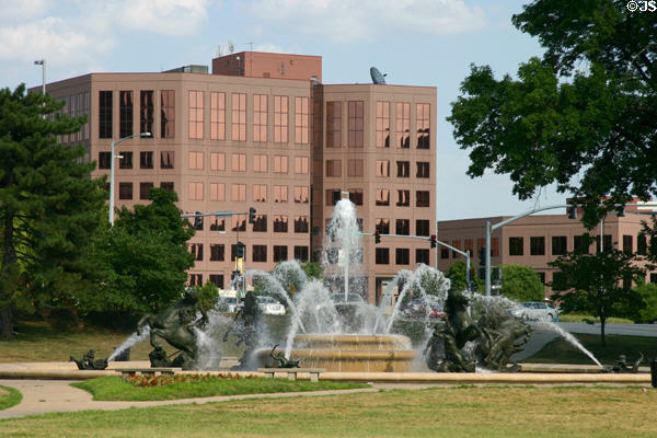 J.C. Nichols Memorial Fountain (1910 installed 1958) with four horsemen representing rivers of the world near Country Club Plaza. Kansas City, MO.