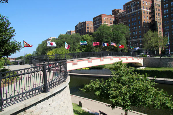 Footbridge over Brush Creek opposite Country Club Plaza shopping area. Kansas City, MO.