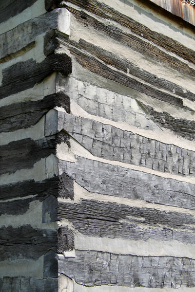 Pop Collins log cabin joinery detail at Boone County Historical Museum. Columbia, MO.