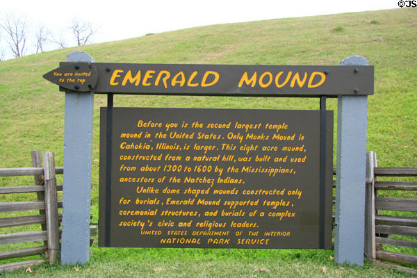 National Parks Sign for Emerald Mound off Natchez Trace Parkway. Natchez, MS.