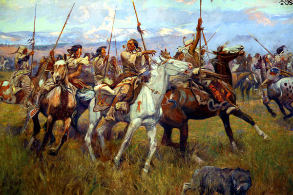 Detail of Indians on horseback in Charles M. Russell's painting of Lewis & Clark in House chamber of Montana State Capitol. Helena, MT.