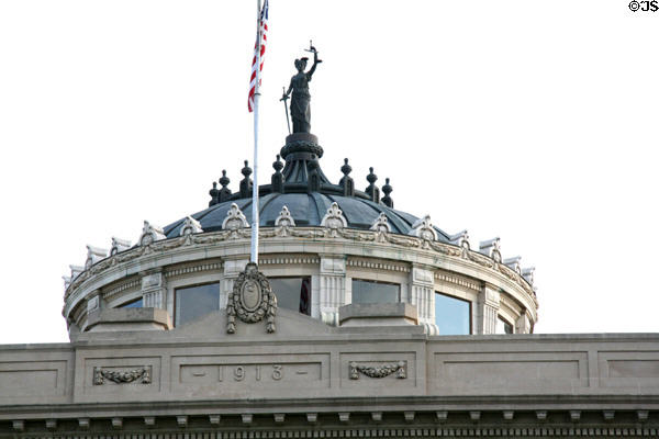 Dome of Grand Forks County Court House with statue of justice. Grand Forks, ND.