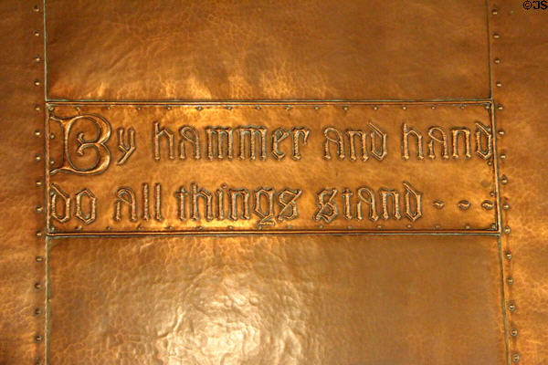 Second living room fireplace copper repousse slogan 'By hammer and hand do all things stand�' at Craftsman Farms. Morris Plains, NJ.