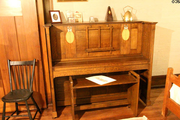 Arts & crafts piano with inlay at Stickley Museum at Craftsman Farms. Morris Plains, NJ.