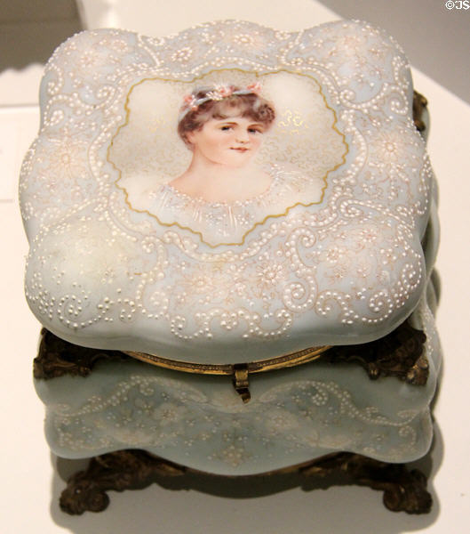 Wave crest covered glass box (1892-1916) by C.F. Monroe Co. of Meriden, CT at Museum of American Glass. Milville, NJ.