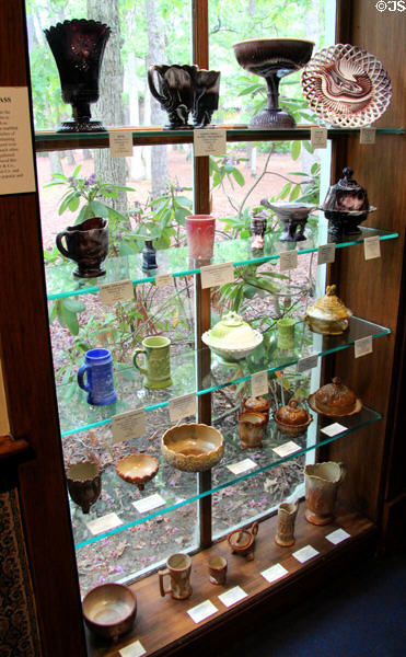 Collection of American marbled glass objects (1880s-1990s) at Museum of American Glass. Milville, NJ.