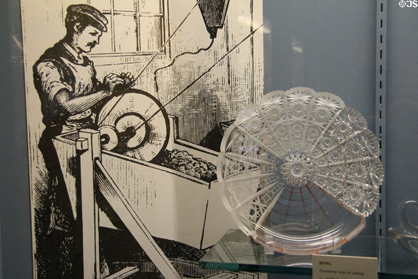 Display of steps for cutting pattern on glass bowl at Museum of American Glass. Milville, NJ.