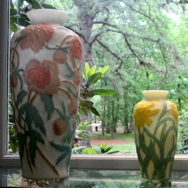 Chrysanthemum vase (1929-30) & Jonquil vase (c1926) both by Consolidated Lamp & Glass of Coraopolis, PA at Museum of American Glass. Milville, NJ.