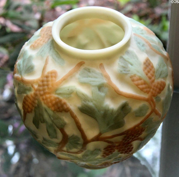 Pinecones glass vase (c1937) by Consolidated Lamp & Glass of Coraopolis, PA at Museum of American Glass. Milville, NJ.