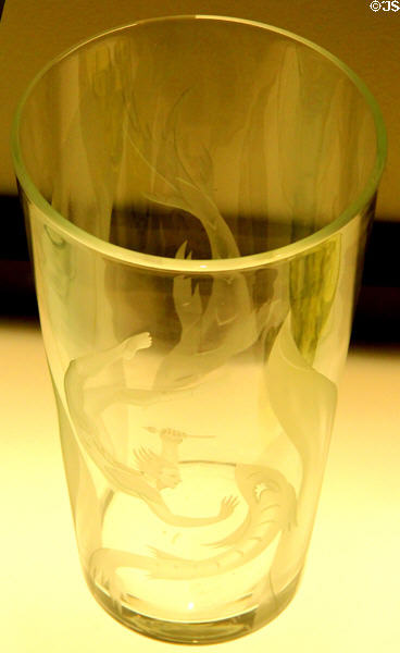 Shark fight drinking glass (1940s) sandcarved by Franz Grosz for Tiffin Glass Co., Tiffin, OH at Museum of American Glass. Milville, NJ.