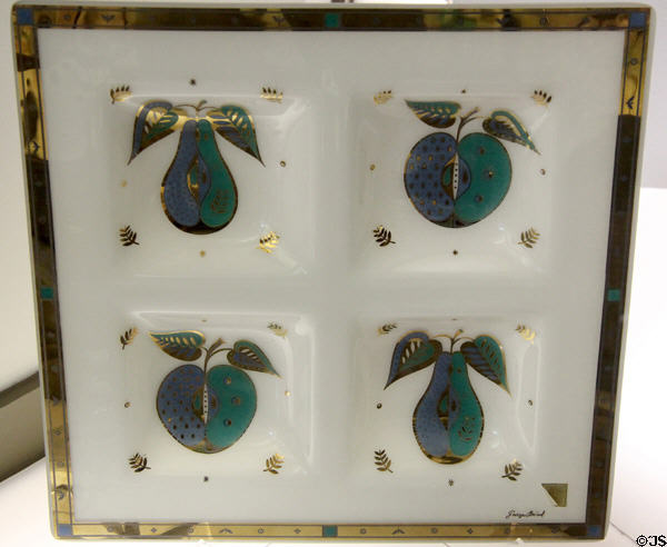 Plate with four fruit dips c1955 by George Briard Glass Guild for Bent Glass Co. of Jamaica, NY at Museum of American Glass. Milville, NJ.