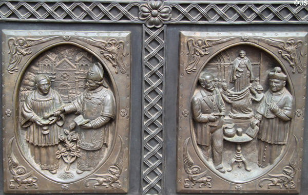 Cathedral is blessed (1886) & statue unveiled (1915) on panels of St. Francis Cathedral bronze door. Santa Fe, NM.