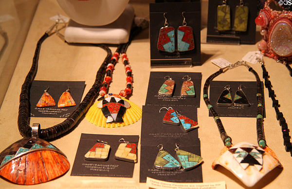 Indian jewelry in shop at Wheelwright Museum of the American Indian. Santa Fe, NM.