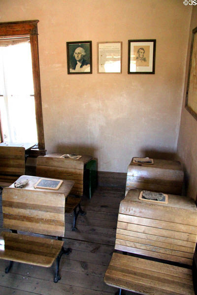 Desks in Raton schoolhouse at Rancho de las Golondrinas. Santa Fe, NM.