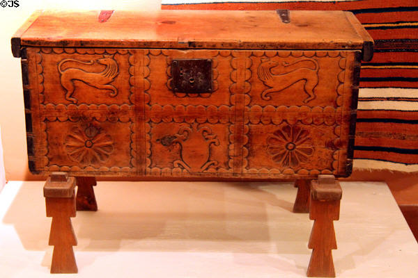 Replica of chest on stand from Northern New Mexico in Museum at Rancho de las Golondrinas. Santa Fe, NM.