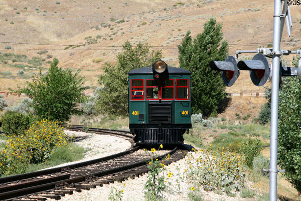 Self-propelled Edwards Motorcar traverses landscape at Nevada State Railroad Museum. Carson City, NV.
