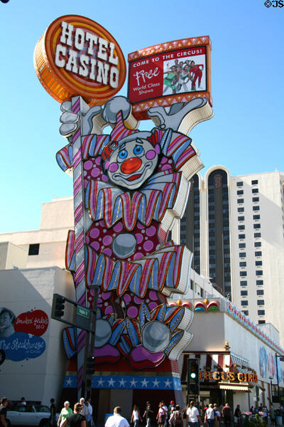 Circus Circus Casino sign & Sky Tower (1978) (28 floors) on North Virginia Street. Reno, NV. Architect: WorthGroup , David Jacobson & Assoc..