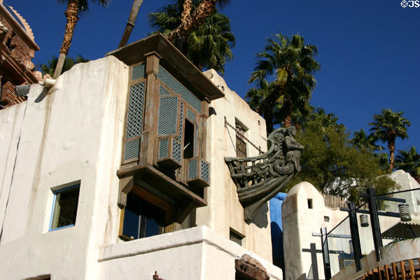 Caribbean village decorates front of Treasure Island Hotel. Las Vegas, NV.