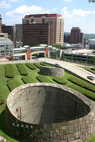 Ventilation holes & downtown Albany seen from heights of Empire Plaza. Albany, NY.