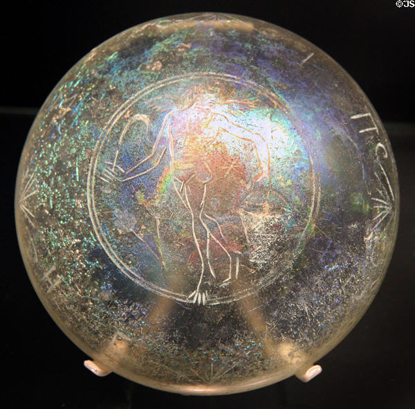 Roman glass bowl with figure & Greek inscription (3rd-4thC) at Corning Museum of Glass. Corning, NY.