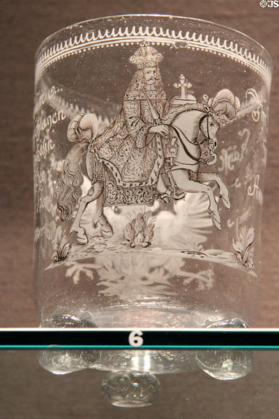 Central German beaker on ball feet (1685) with engraving of Holy Roman emperor at Corning Museum of Glass. Corning, NY.