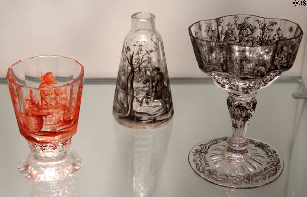 Bohemian glass vessels with Schwarzlot enameling (1720-40) by Ignaz Preissler at Corning Museum of Glass. Corning, NY.