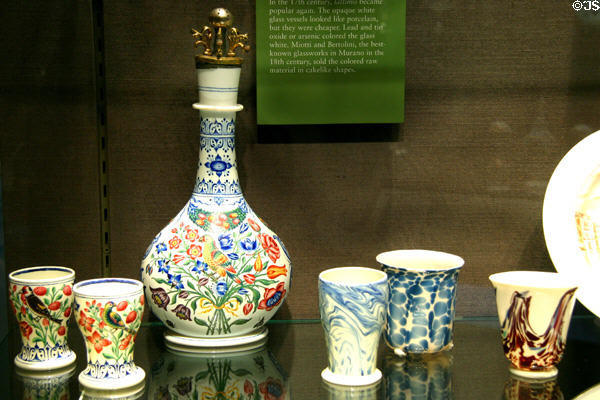 Venetian lattimo white glass rose water sprinkler & beakers (mid 18thC) at Corning Museum of Glass. Corning, NY.