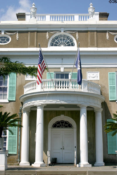 Neoclassical portico entrance of Roosevelt home run by National Park Service. Hyde Park, NY.